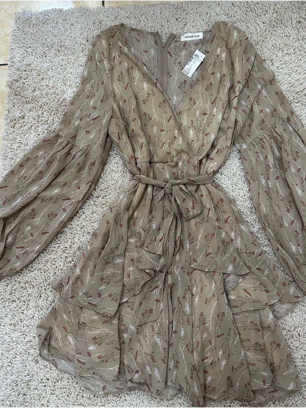 French Kiss Beige Floral Tie-Waist Long Sleeve Mini Dress